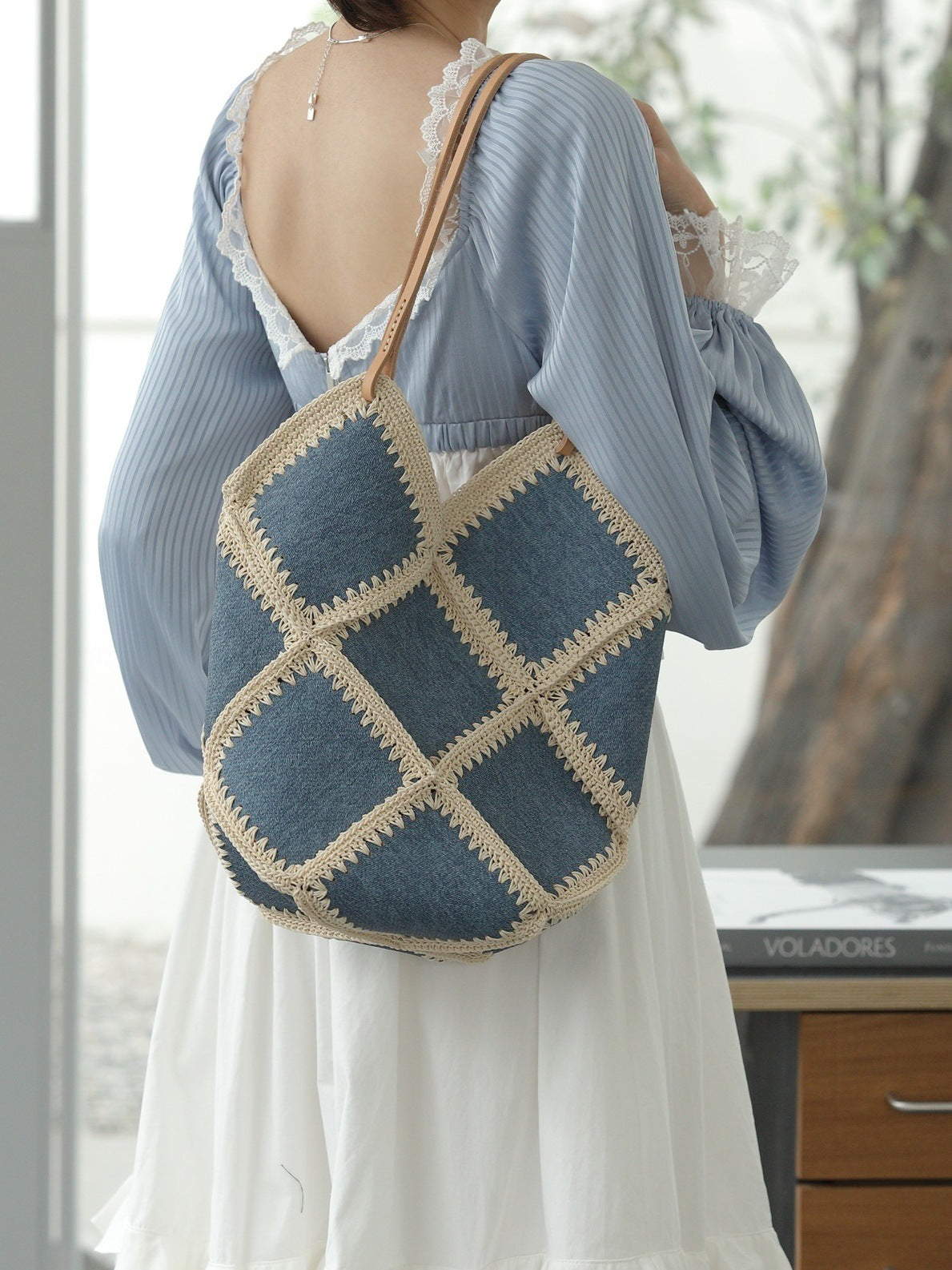 Style Denim Pattern Cowhide Niche Chic Early Spring Fresh Contrast Shoulder Bags