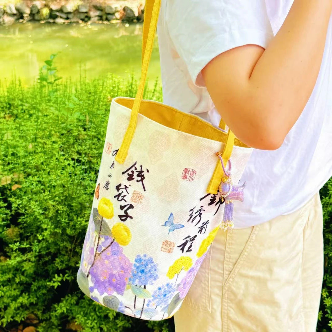 Money Hydrangea Pattern Brocade Bright Future Scenic Area Cultural Creative Bucket Bag