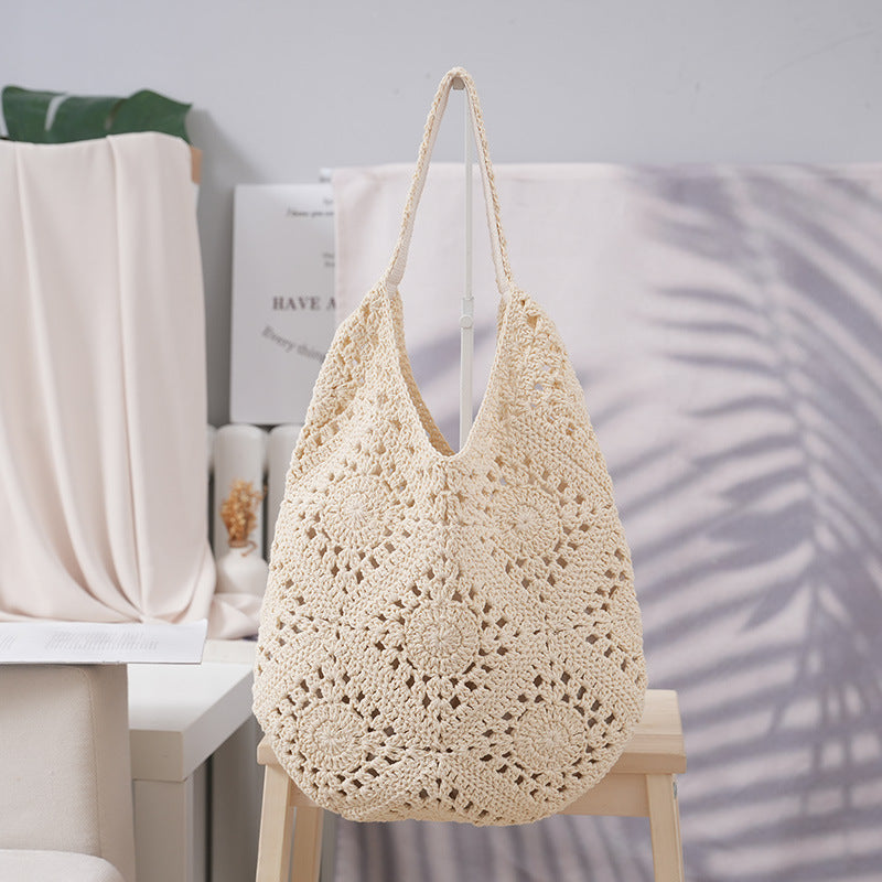 Cotton Thread Grandmother Grid Hollow Pattern Woven Large Capacity Artistic Women's Shoulder Bag