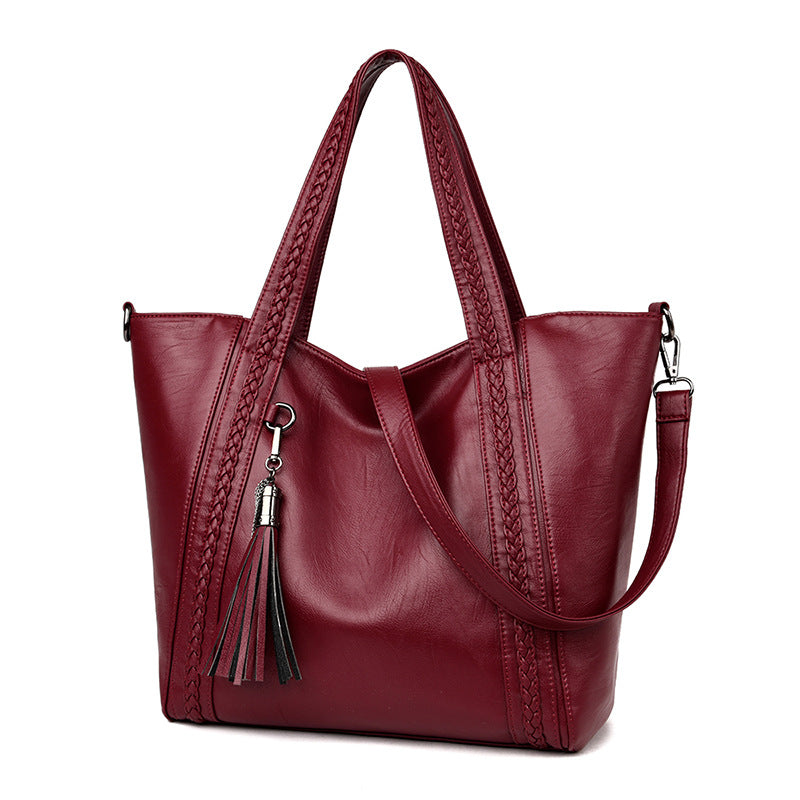 Women's Weave Large Capacity Tassel Soft Leather Commuter Tote Bag