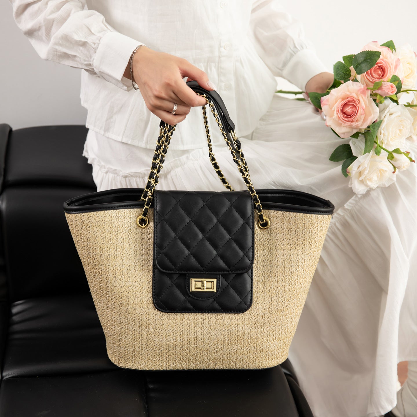 Women's Capacity Straw Woven Fashion Beach Korean Style Bucket Bag