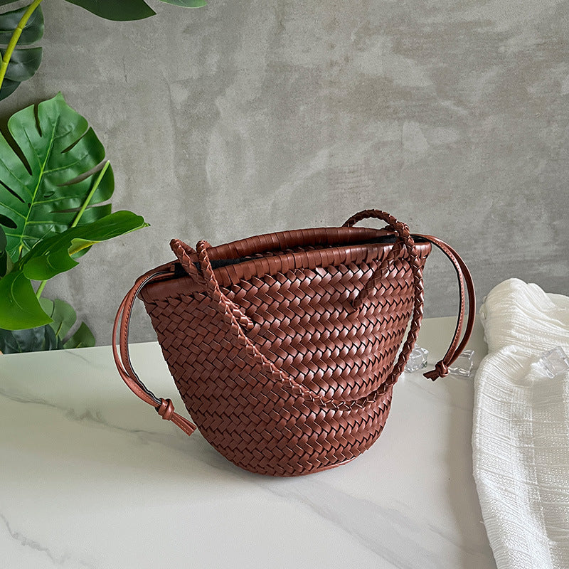 Woven Summer Portable Vegetable Basket French Retro Leather Bucket Bag