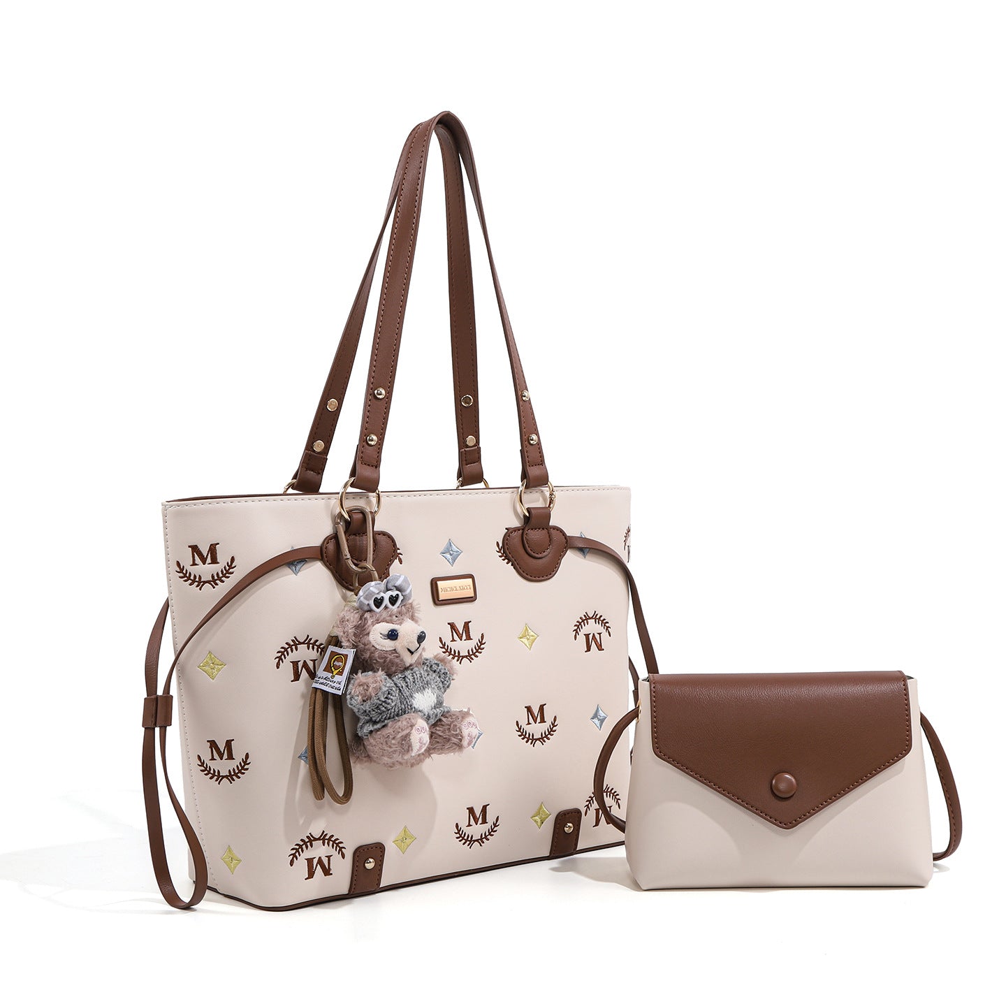 Beige Vintage Embroidery Son Mother Large Shoulder Bags