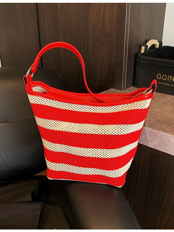 Women's Capacity Woven Striped Canvas Stitching Dumpling Women's Shoulder Bag