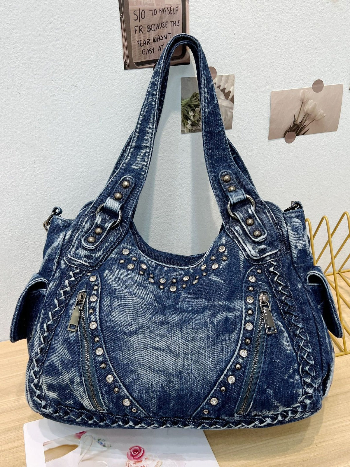Women's Korean Personal Leisure Rivet Fashionable Washed Denim Large Tote Bag