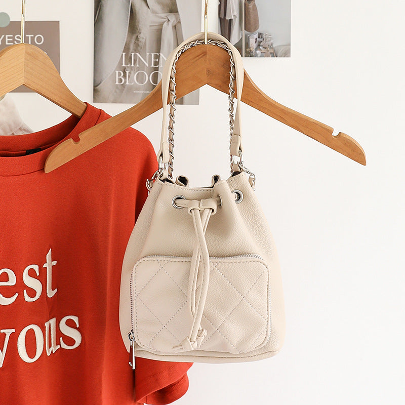 Korean Style Chain Design Drawstring Diamond Bucket Bag