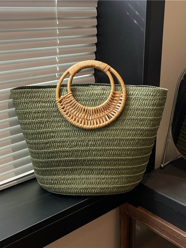 Women's Hand-woven Seaside Style Straw Large Capacity Round Portable Beach Tote Bag