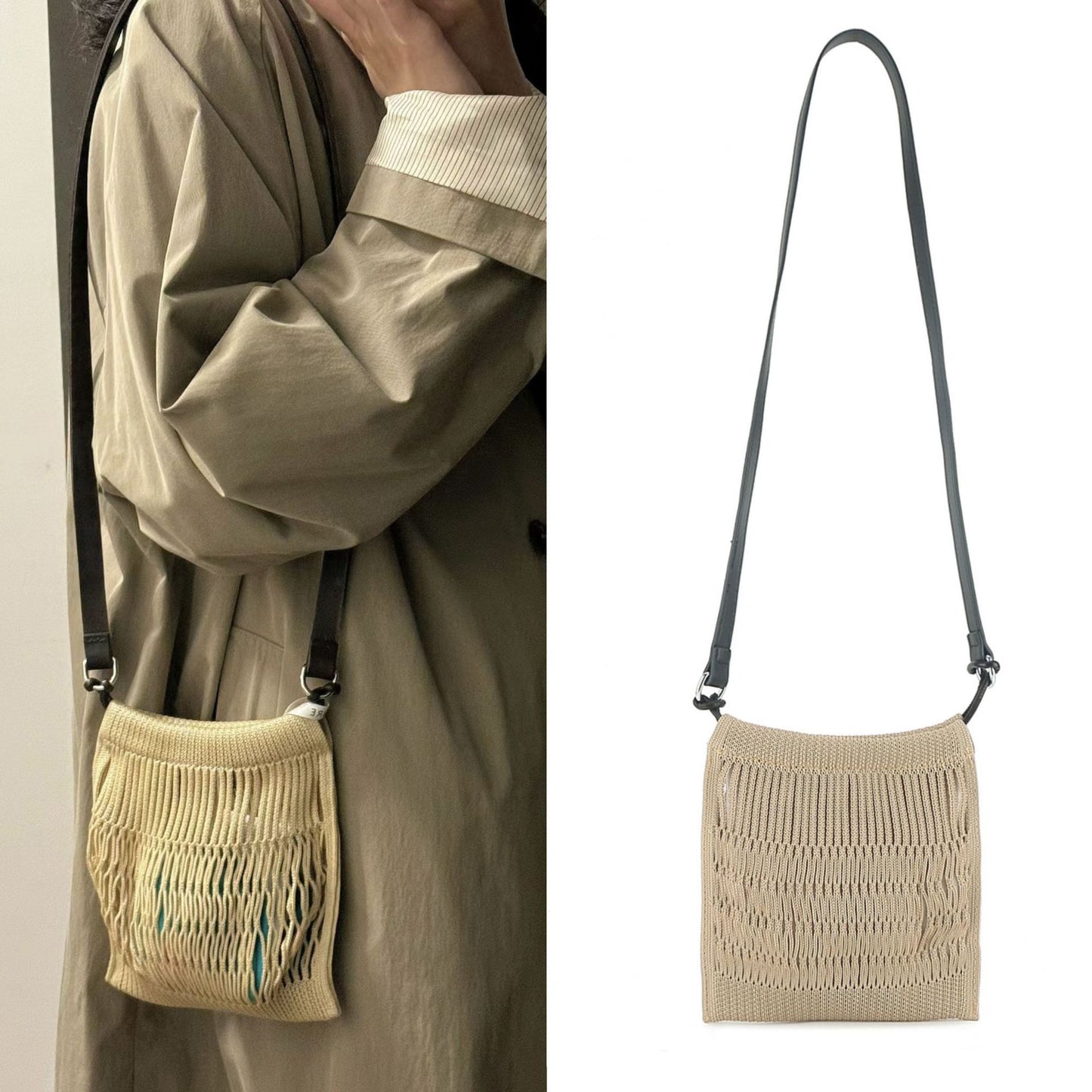 Fashion Size Medium Mesh Pocket Concave Shape Design Contrast Bags