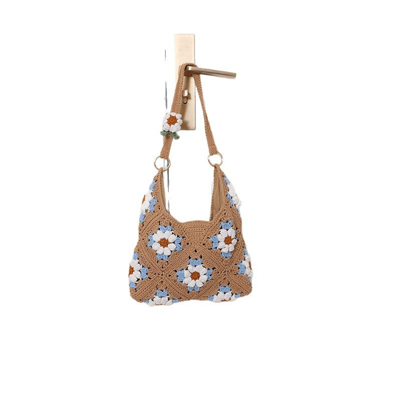 Straw Grandmother Grid Hollow Cotton Thread Woven Vacation Bags