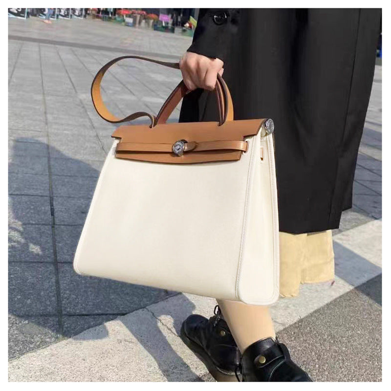 Women's Kelly Color Block Canvas Handmade Leather Large Women's Handbag