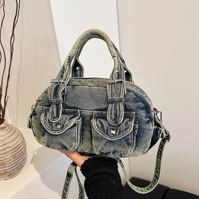 Women's Denim Pleated Portable Boston Bowling Bags