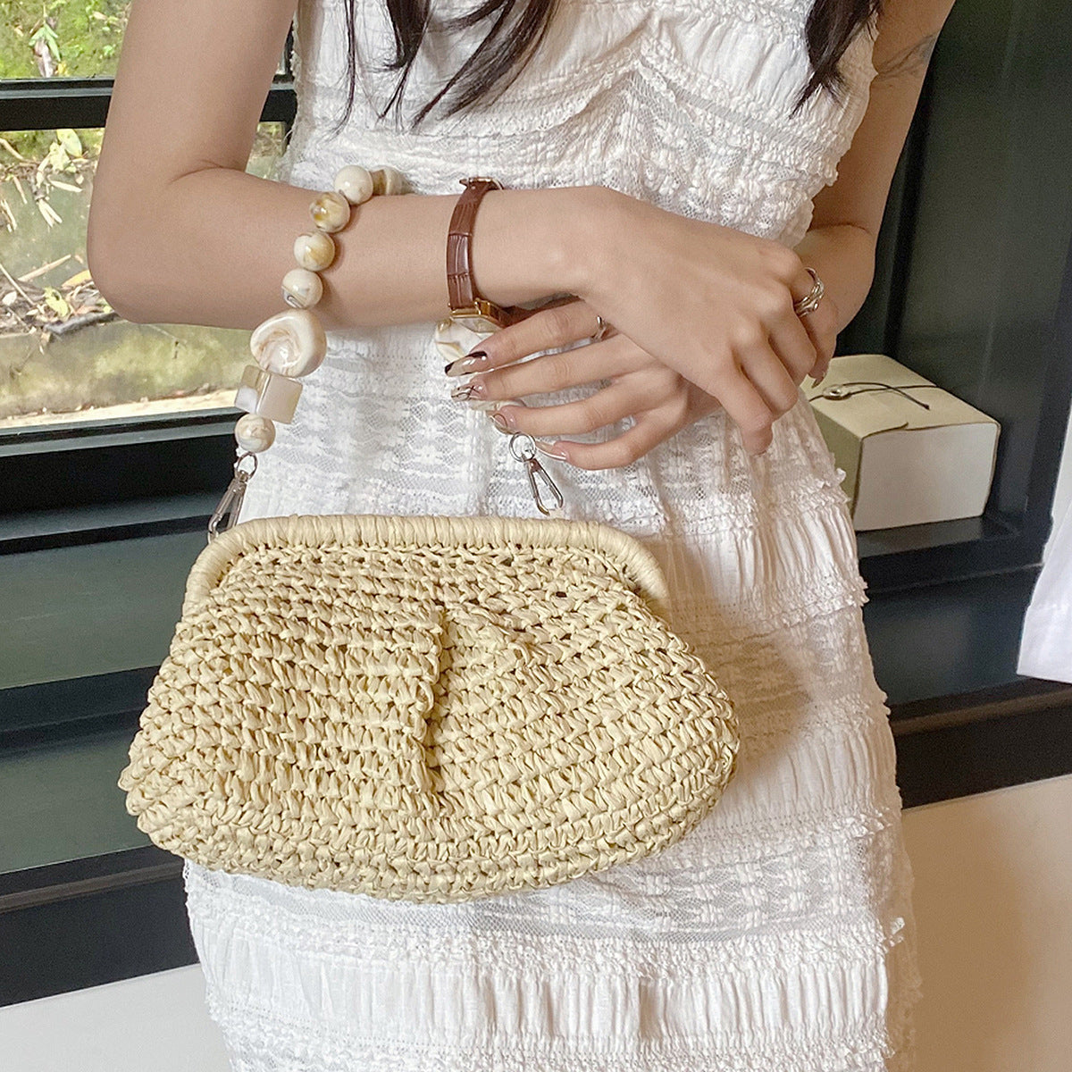 Vacation Style Beach Straw Summer Beaded Underarm Design Women's Handbag