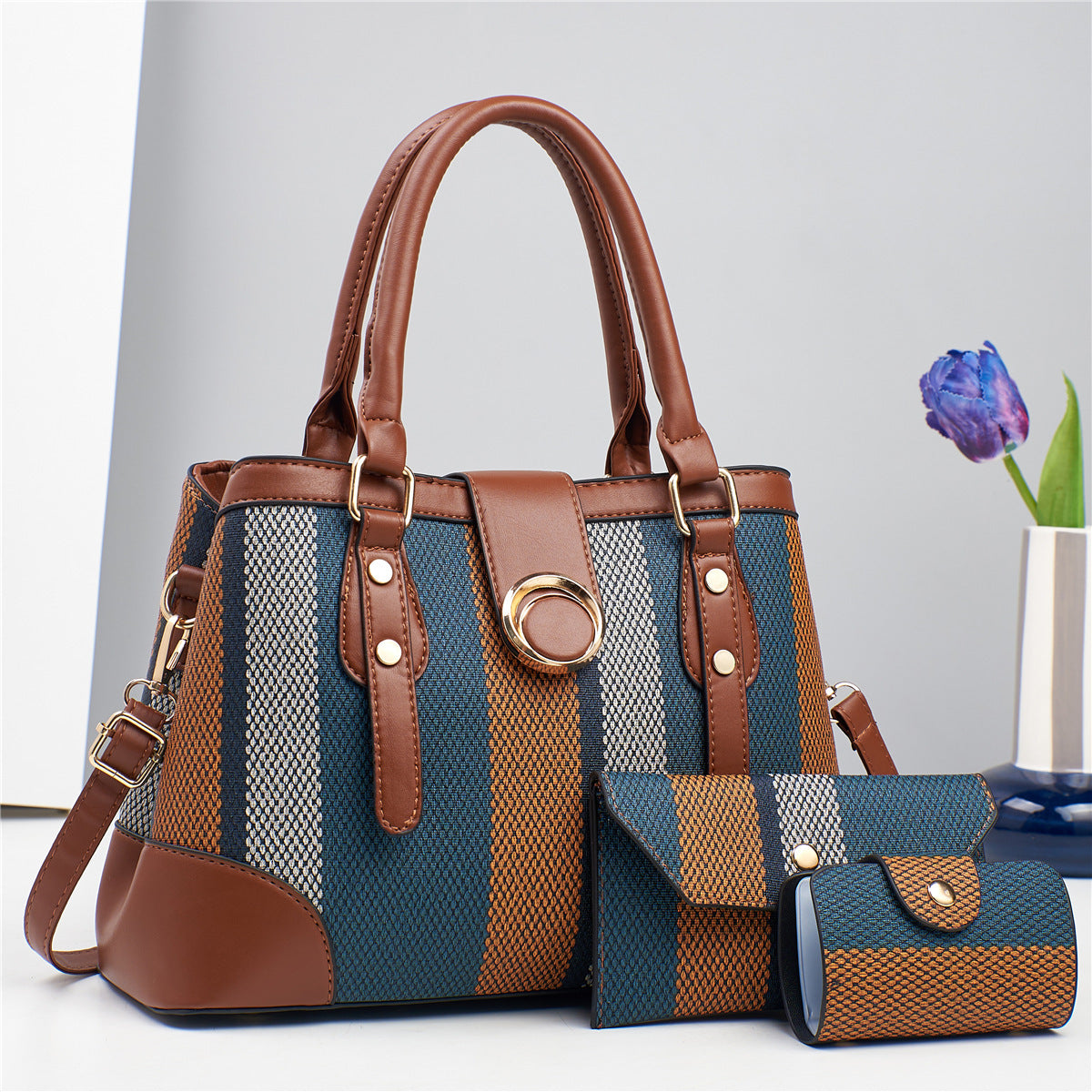 Large Capacity Stitching Canvas Three-piece Color Matching Bags