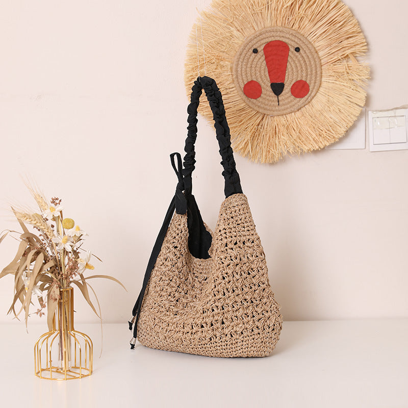 Hollow Flower Large Capacity Straw Solid Color Tassel Woven Bags