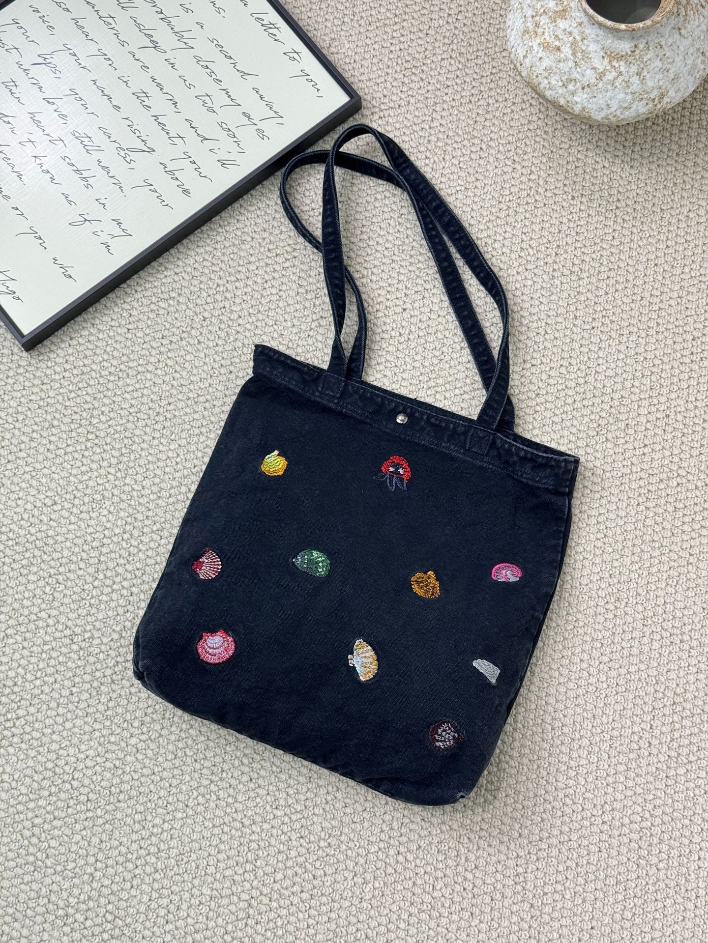 Korean Washed-out Denim Cute Embroidered Puppy Large Capacity Tote Bag