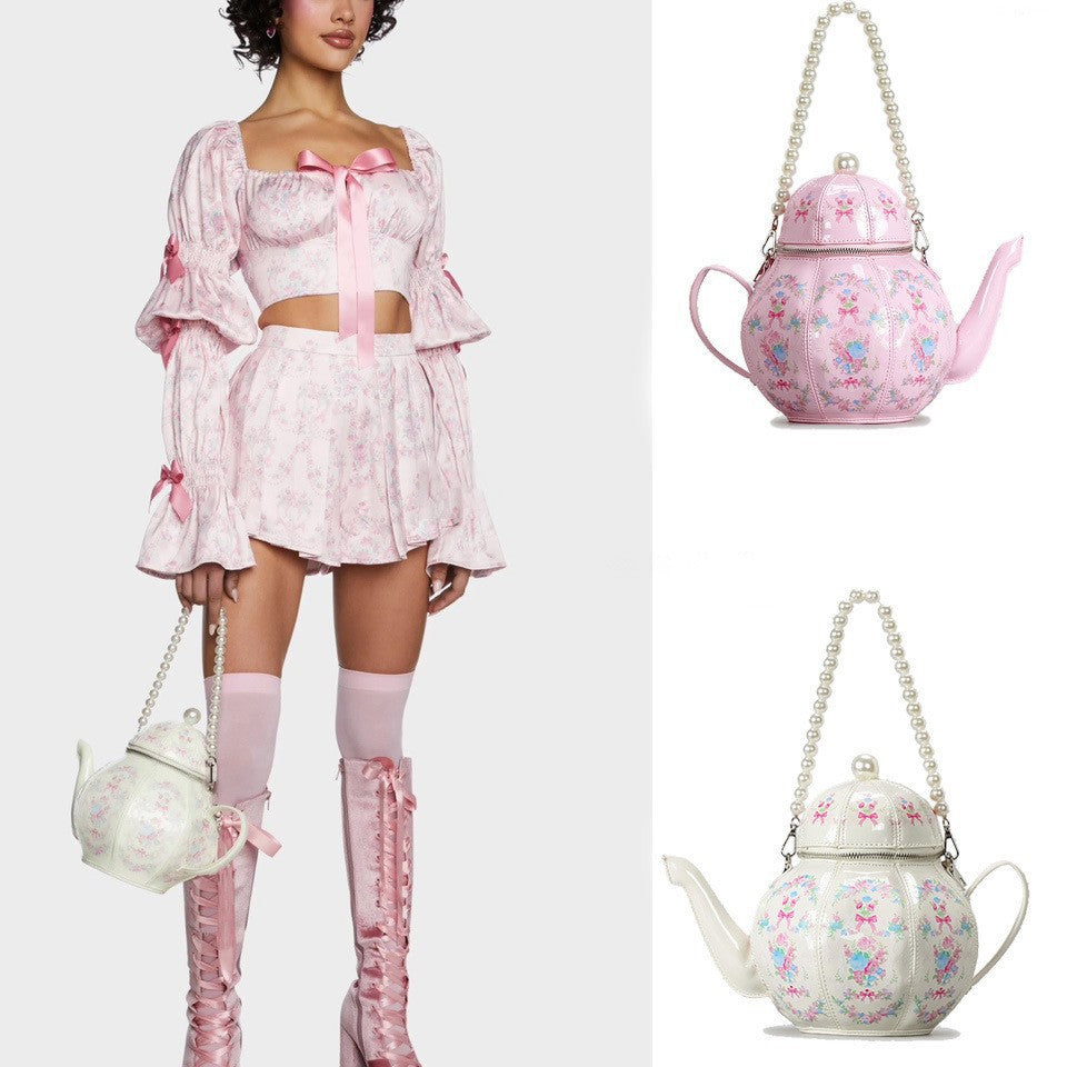 Sweet Retro Lolita Pearl Chain Printed Teapot Women's Shoulder Bag