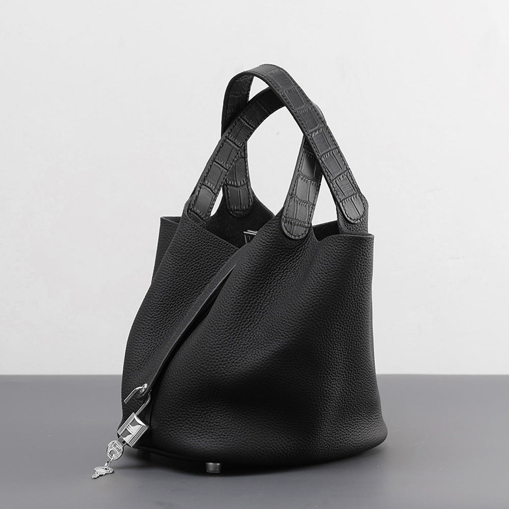 Women's Cowhide Painted Vegetable Basket Portable Adjustable Strap Bags