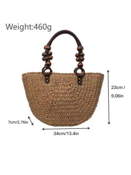 Women's Wooden Bead Portable Hand-woven Large Capacity Totes Vegetable Basket Tote Bag