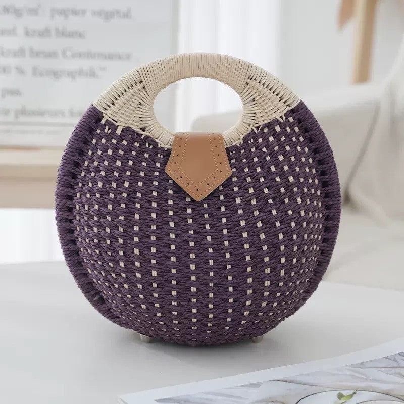 Simple Straw Style Woven Semicircle Beach Portable Round Women's Handbag