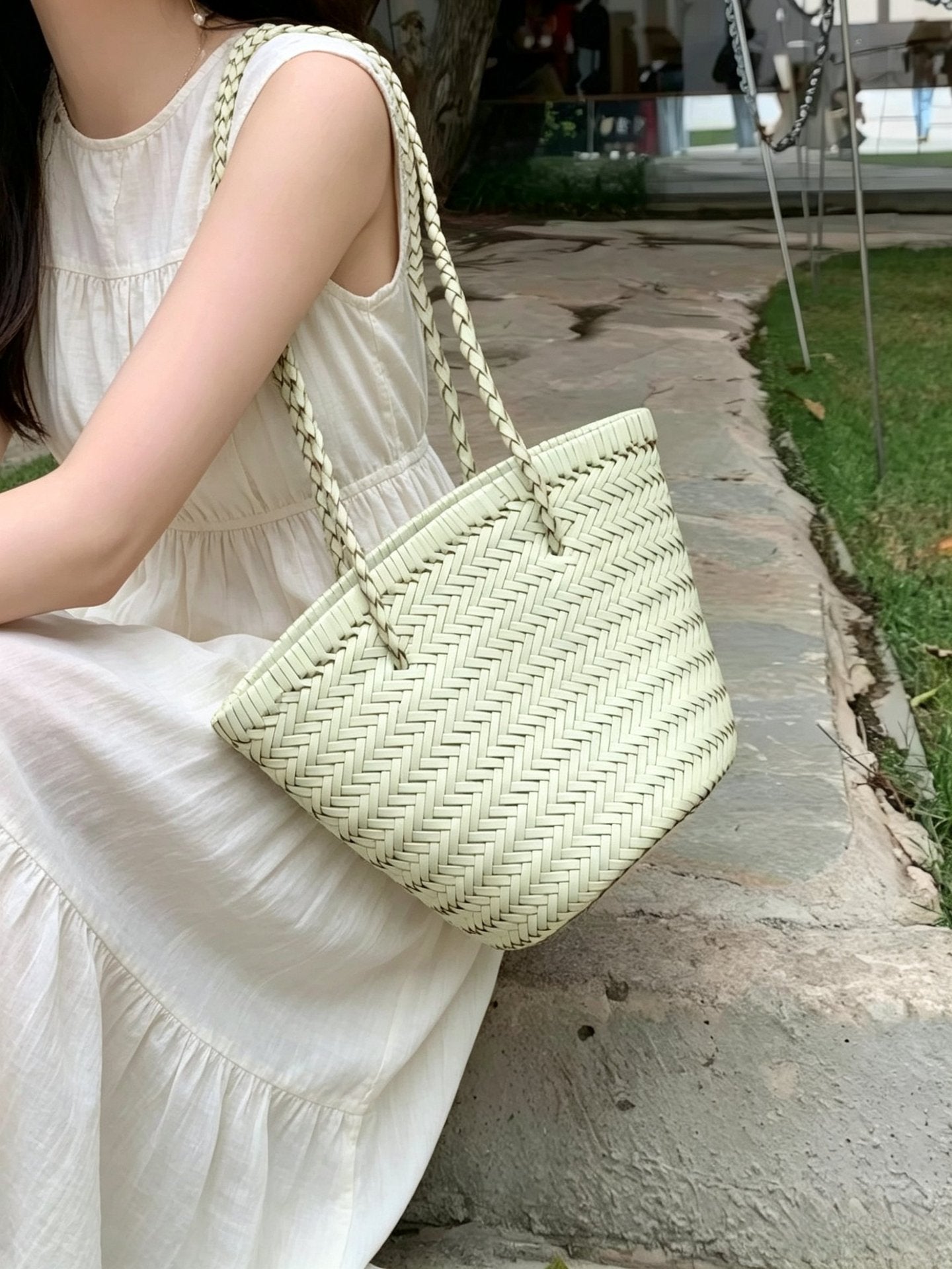 Welfare Genuine Leather Woven French Vegetable Basket Tote Bag