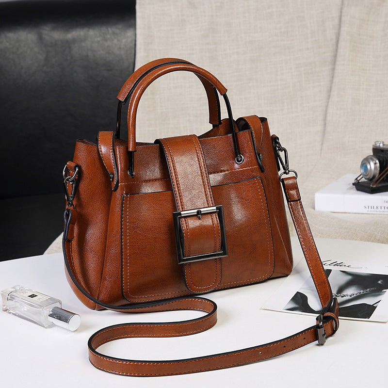 Women's Oil Wax Leather Portable Retro Fashion Large Tote Bags