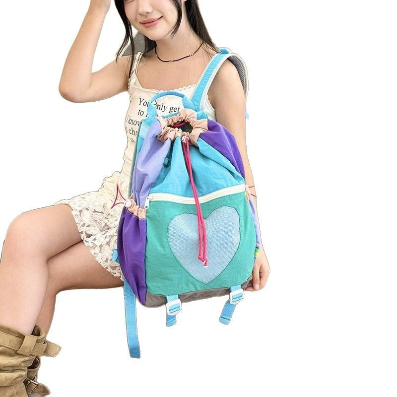 Niche Contrast Color Peach Heart Hiking Drawstring Large Capacity Backpacks