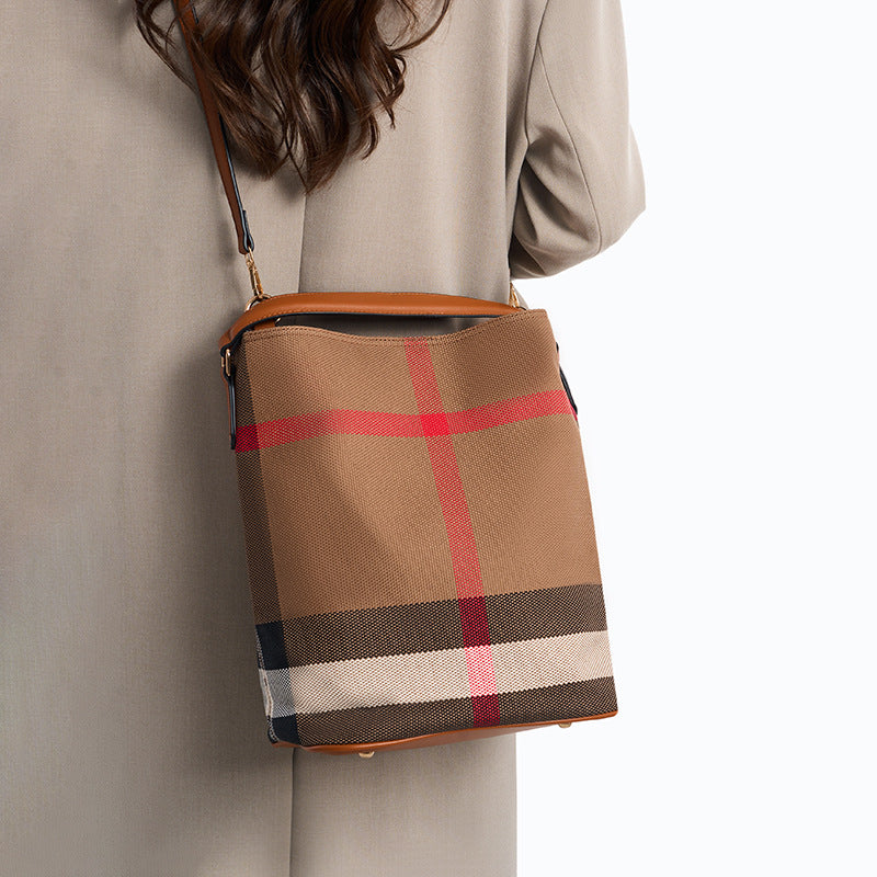 Women's Canvas Check Pattern Fashionable Contrast Color Striped Large Capacity Women's Handbag