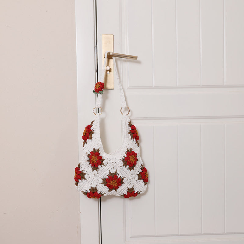 Straw Grandmother Grid Hollow Cotton Thread Woven Vacation Bags