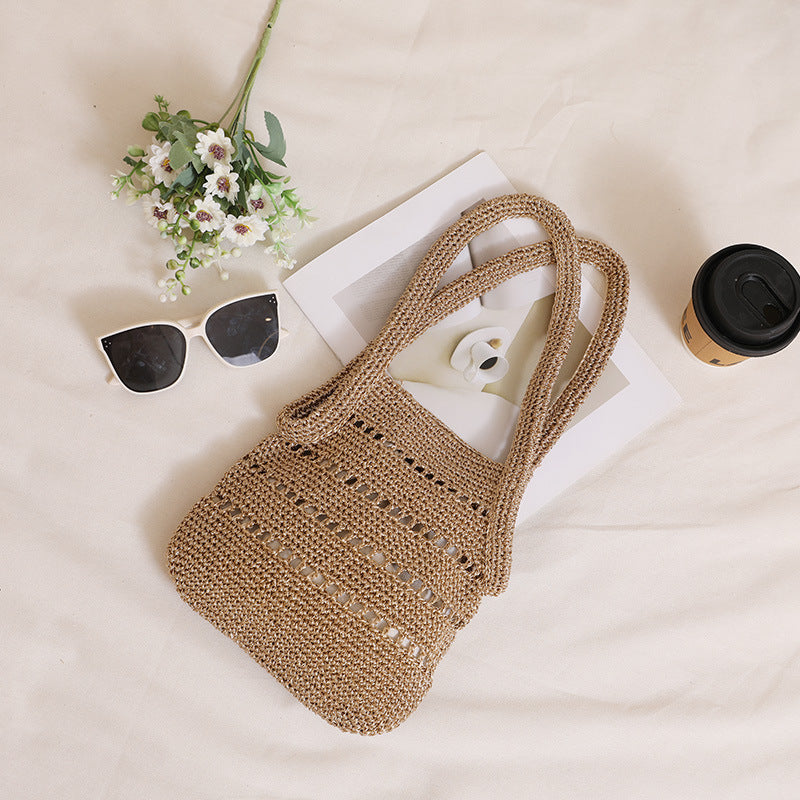 Straw Metallic Yarn Portable Hollow Woven Seaside Bags