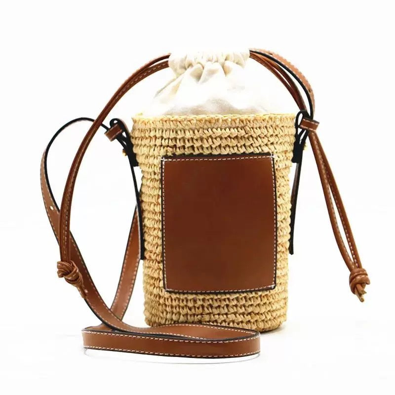 Cylinder Straw Woven Hand-woven Seaside Vacation Bucket Bags