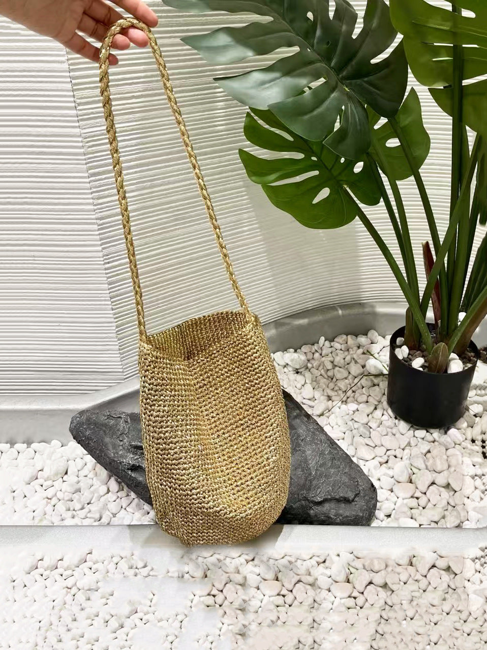 Women's Gold Thread Hand-woven Design Underarm Beach Bucket Bag