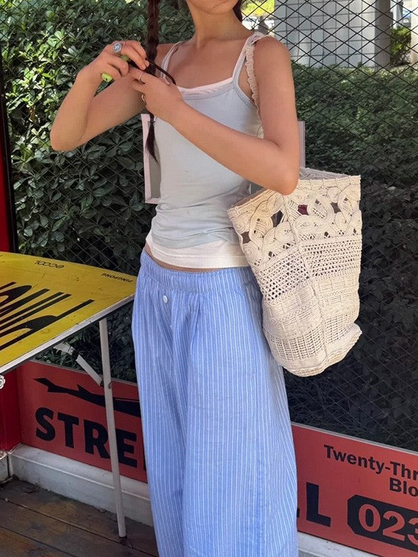 Weaving Hollow Seaside Vacation Beach Trendy Fashion Retro Large Tote Bags