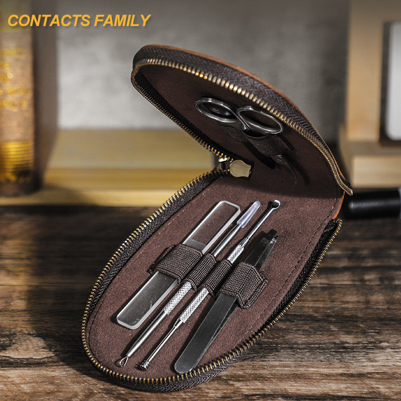 Men's Crazy Horse Leather Nail Clippers Suit Zipper Genuine Fingernail Maintenance Makeup Bag