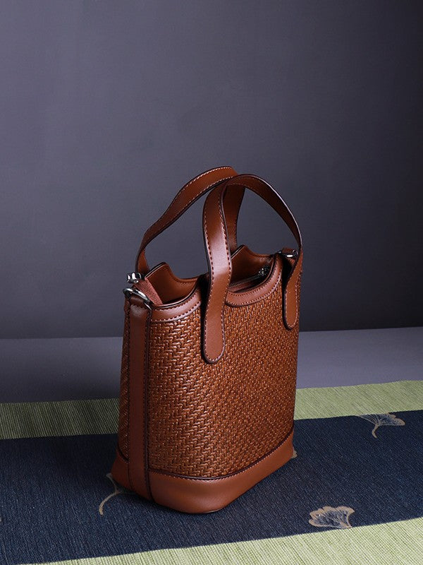 Women's Rattan Weaved Leather Mobile High Sense Women's Shoulder Bag