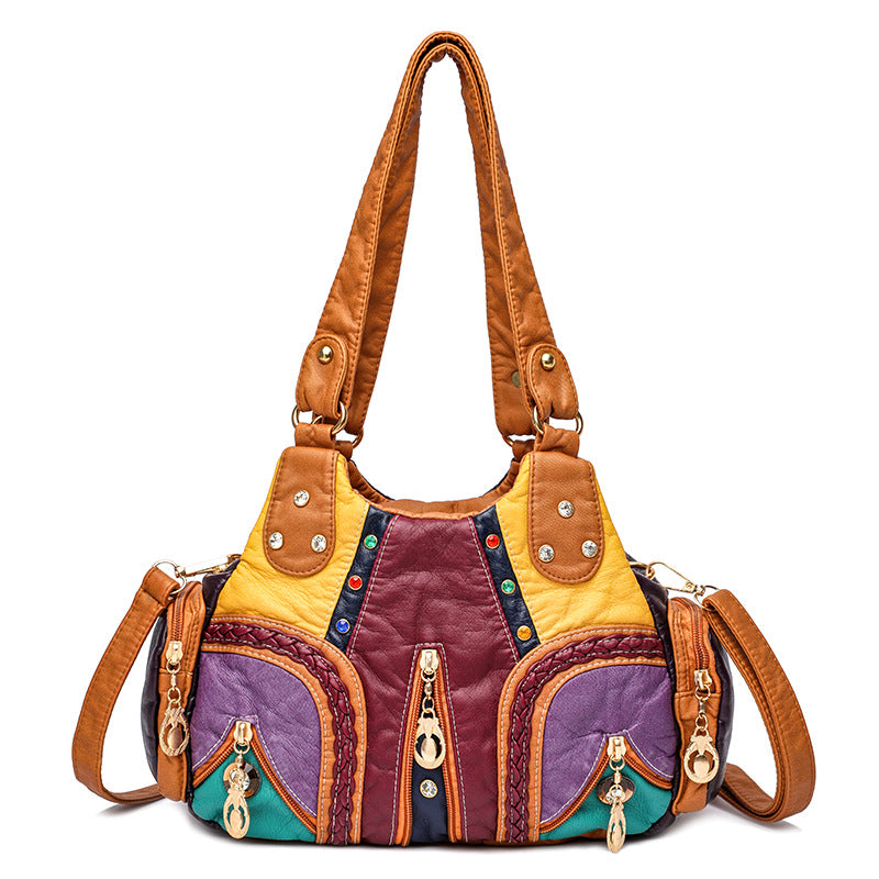 Trendy Colored Mosaic Large Capacity Washed Leather Bags