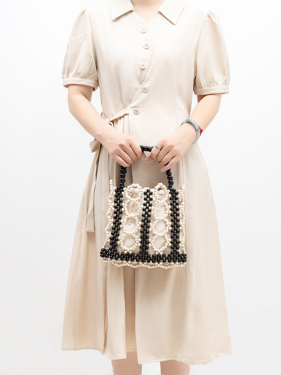 Women's Wooden Beads Decoration Contrast Color Hand-woven Large Handbags