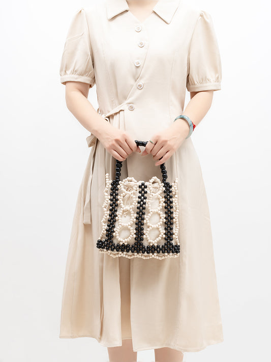 Women's Wooden Beads Decoration Contrast Color Hand-woven Large Handbags