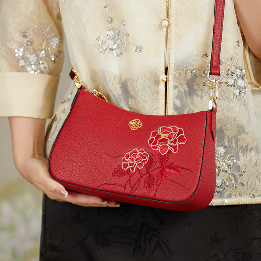 Ly Listed Leather National Style Printed White Collar Shoulder Bags