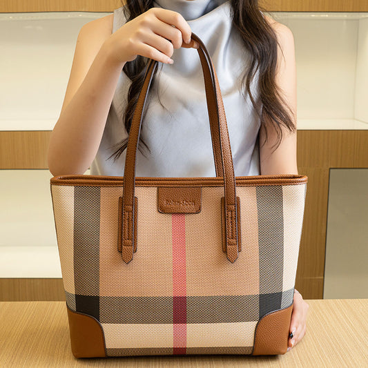 Women's Plaid Versatile High-grade Large Capacity Commuter Portable Tote Bag