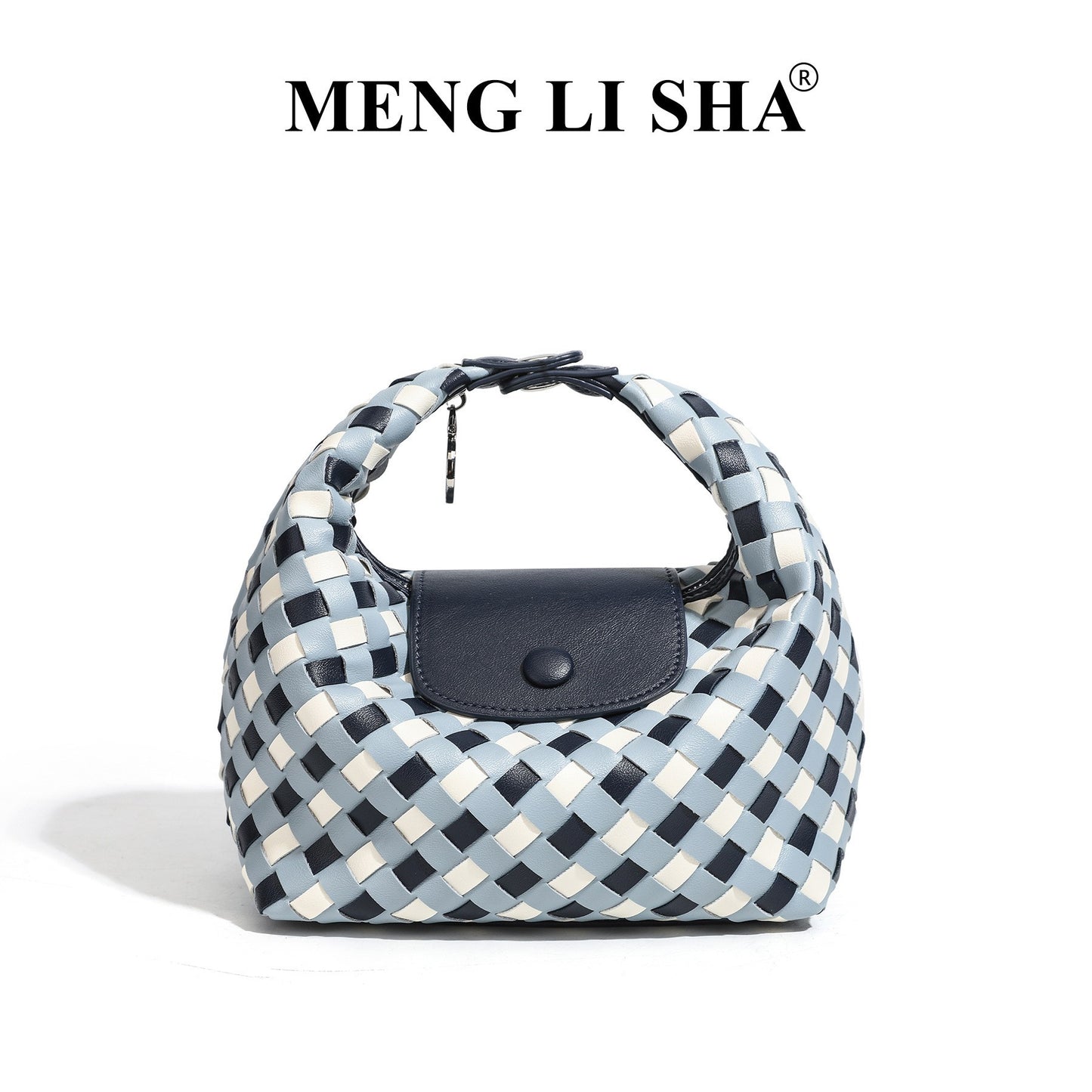 Women's Woven Blue White Plaid Hand Carrying Lunch Box Elegant Women's Shoulder Bag
