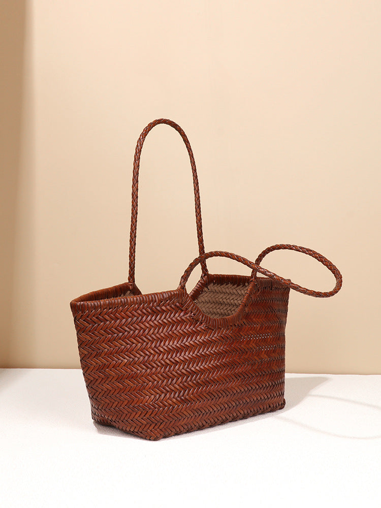 Women's Retro Authentic Leather Weave Vegetable Basket Style Bags