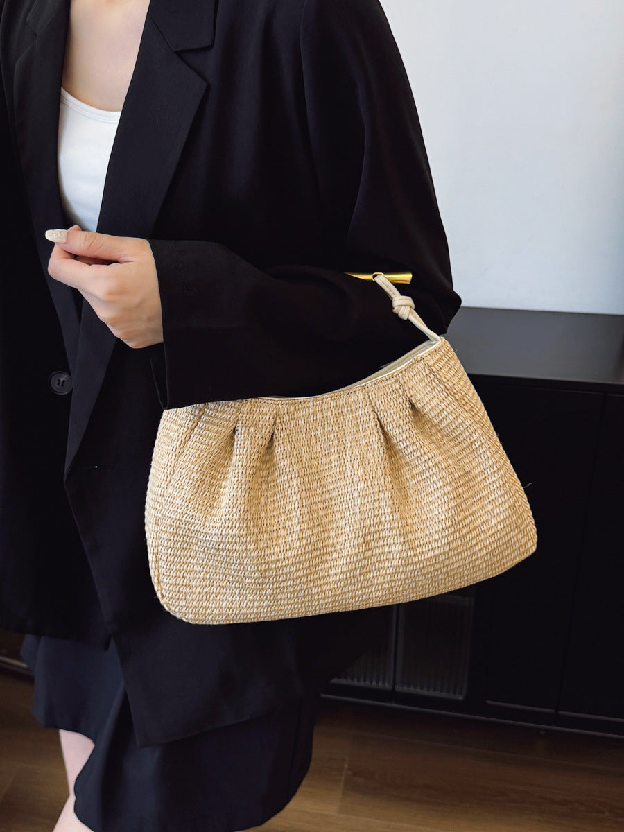 Summer Bronze Hardware Portable Exquisite Straw Beach Vacation Women's Handbag