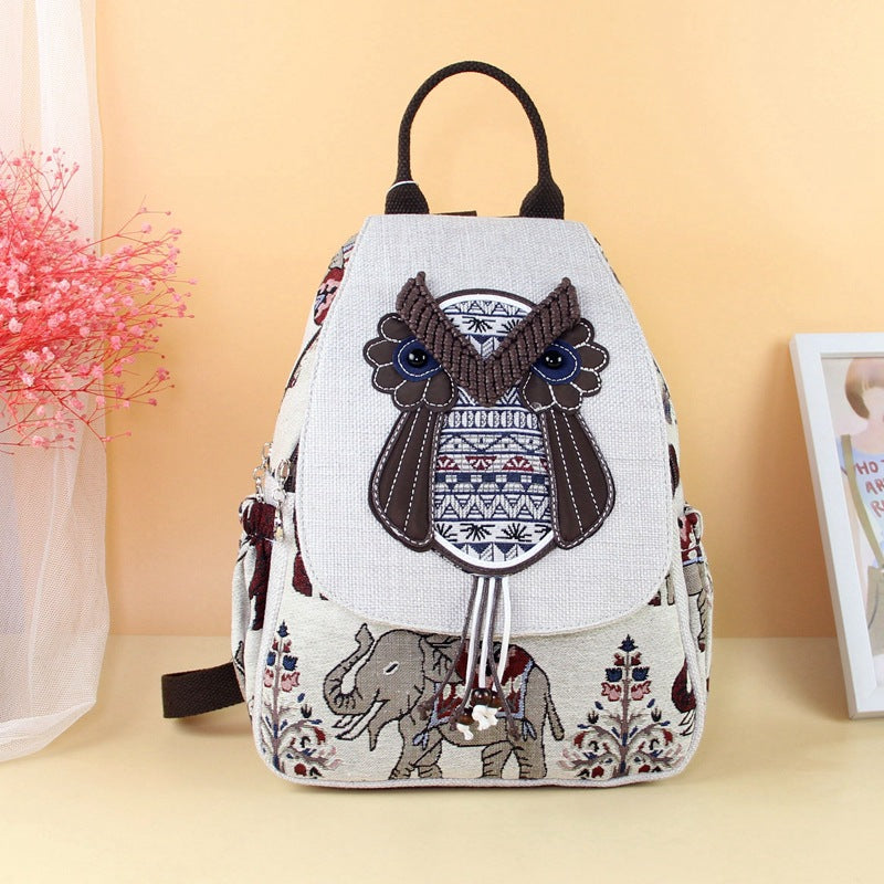 National Fashion Hand-woven Owl Antique Fabric Leisure Double Women's Backpack