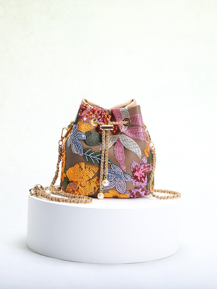Women's Flower Embroidered Sequins Mesh Stitching Contrast Color Trendy Bucket Bag