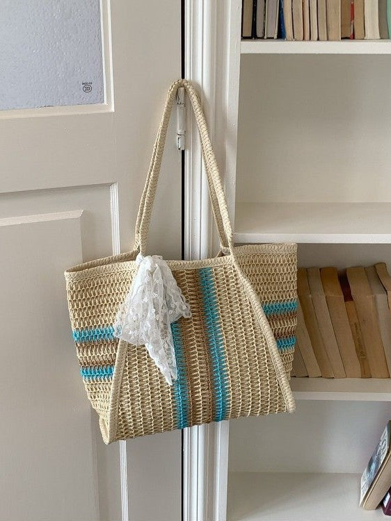 Large Capacity Commuter Straw Woven Fabric Leisure Striped Bags