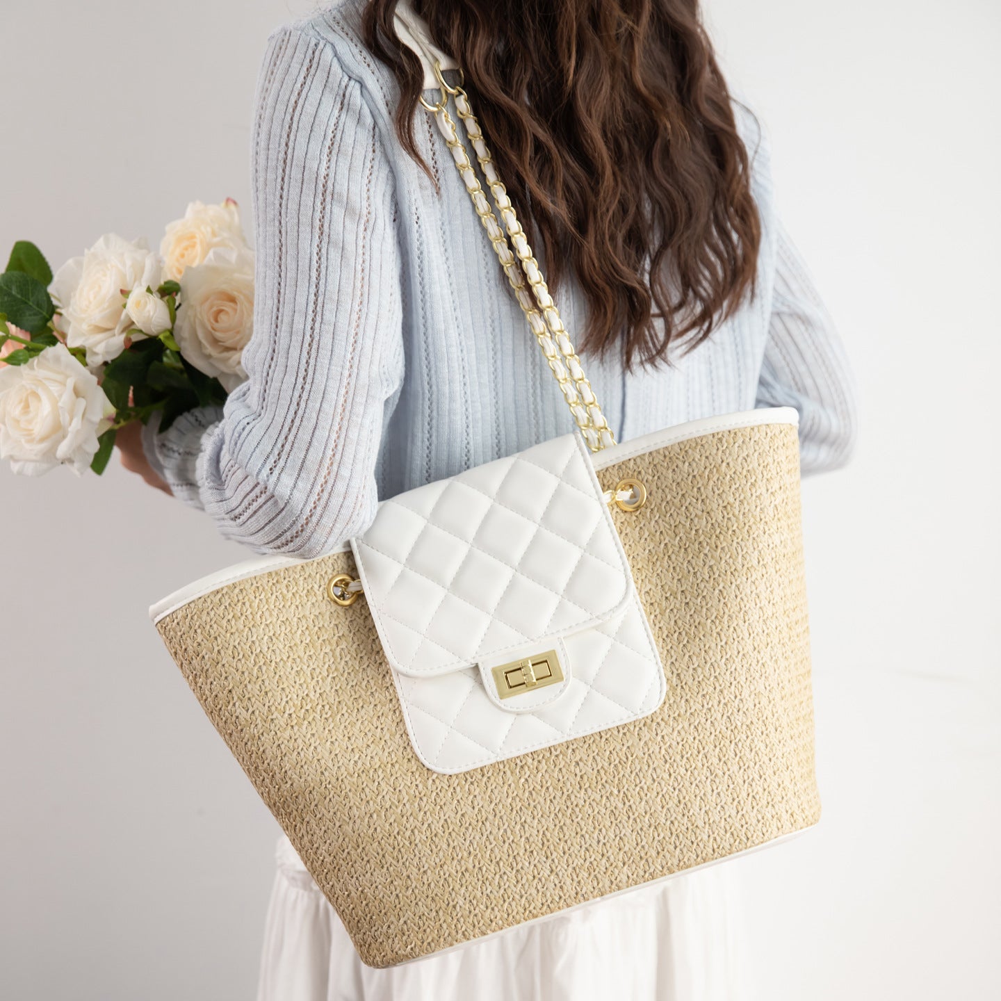 Classic Style Chain Straw Woven Trendy Fashion Tote Bag