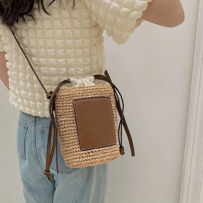 Cylinder Straw Woven Hand-woven Seaside Vacation Bucket Bags
