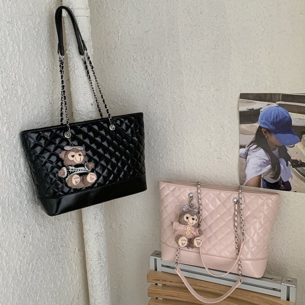 Women's Korean Sweet Style Rhombus Versatile Large Capacity Tote Bags