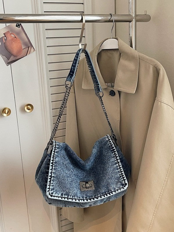 Trendy Denim Versatile Chain Large Capacity Handbags