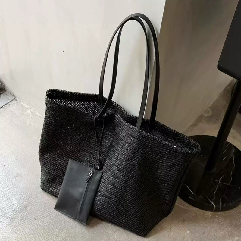 Women's Black Cut-out Woven Niche Idle Style Versatile Large Capacity Tote Bag